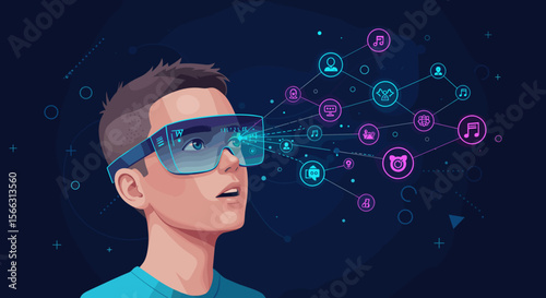 Boy with VR glasses experiencing metaverse, futuristic technology