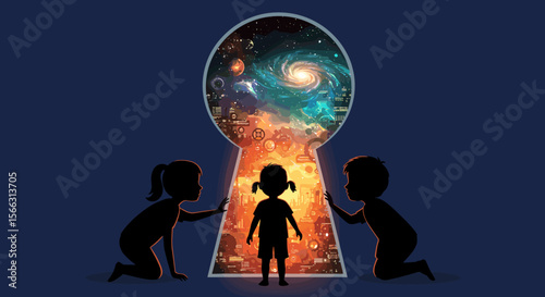 Children Discovering Universe Through Keyhole Imagination Concept