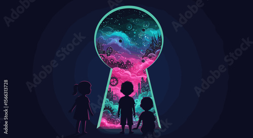 Children look through a keyhole into a fantasy world