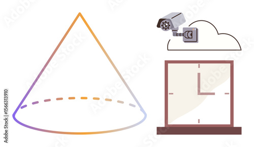 Gradient cone shape, security camera with cloud symbol, and minimalist clock design. Ideal for technology, time management, security, data storage, geometry, modern innovation simple flat metaphor