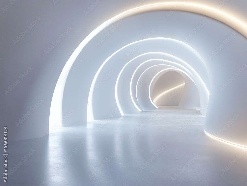 Fototapeta premium Abstract spiral tunnel background, a modern architectural interior space concept with light gray walls and floors. Minimalist architectural design. Digital illustration.