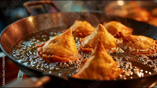 Boiling hot Samosas coming out of oil in frying utensil. Delicious Indian fried patties fresh out of the frying pan. Indian delicacy (fried pastry)
