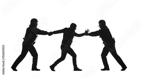Silhouette of two police officers restraining a man in a confrontation scene against white backdrop