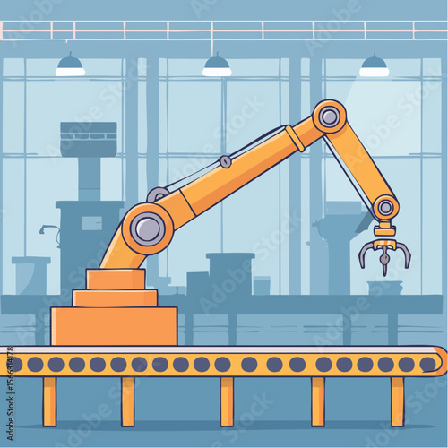 Line-art style vector of a robotic arm assembling parts on a production line, minimal industrial technology theme