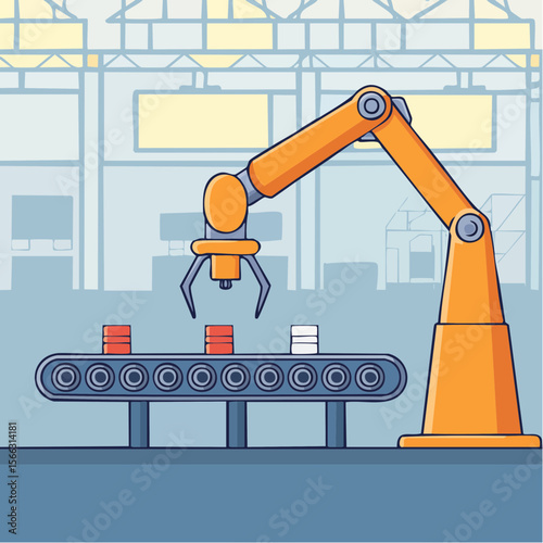Line-art style vector of a robotic arm assembling parts on a production line, minimal industrial technology theme