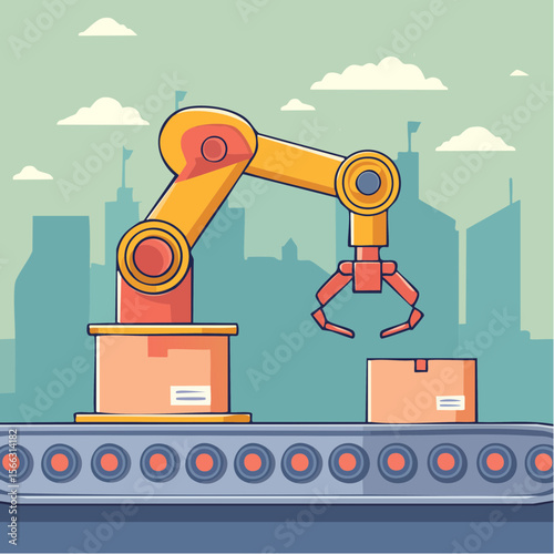 Line-art style vector of a robotic arm assembling parts on a production line, minimal industrial technology theme