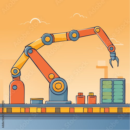 Line-art style vector of a robotic arm assembling parts on a production line, minimal industrial technology theme