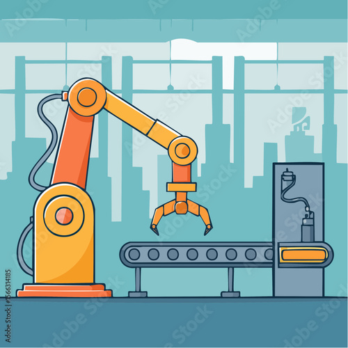 Line-art style vector of a robotic arm assembling parts on a production line, minimal industrial technology theme