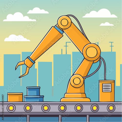 Line-art style vector of a robotic arm assembling parts on a production line, minimal industrial technology theme