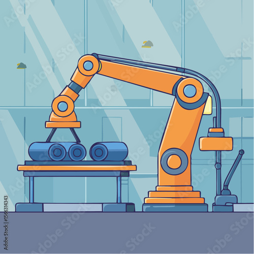 Line-art style vector of a robotic arm assembling parts on a production line, minimal industrial technology theme