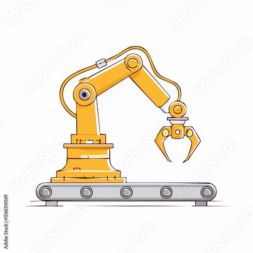 Line-art style vector of a robotic arm assembling parts on a production line, minimal industrial technology theme