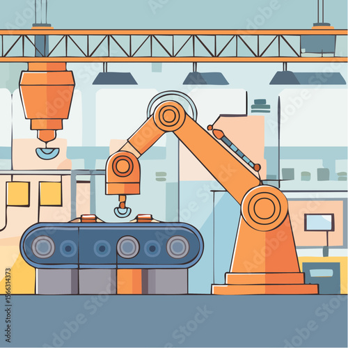 Line-art style vector of a robotic arm assembling parts on a production line, minimal industrial technology theme