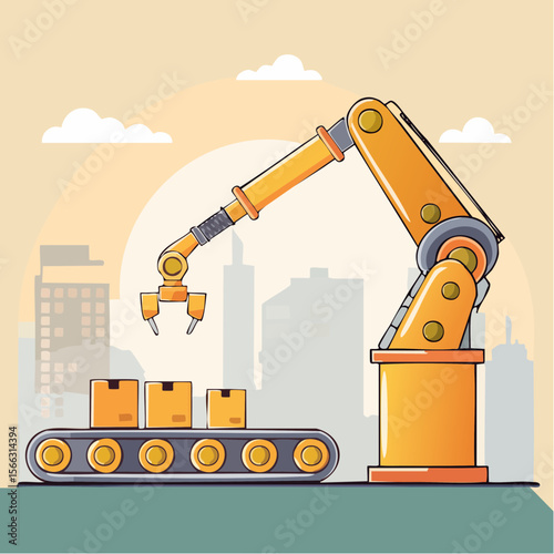 Line-art style vector of a robotic arm assembling parts on a production line, minimal industrial technology theme
