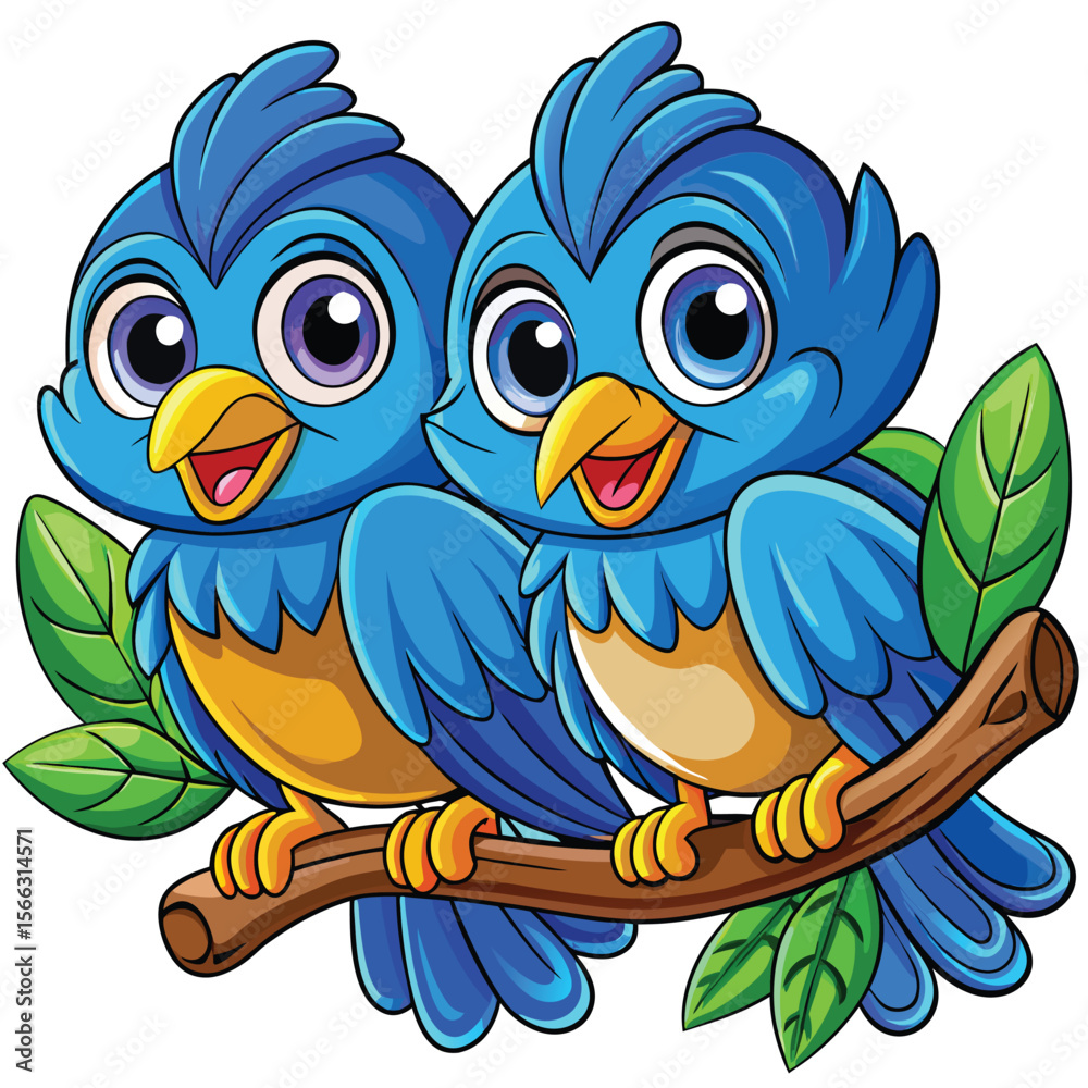Obraz premium Cute cartoon owls, a couple of funny blue birds with heart wings, perched on a tree branch, vector illustration design
