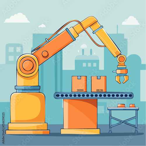 Line-art style vector of a robotic arm assembling parts on a production line, minimal industrial technology theme