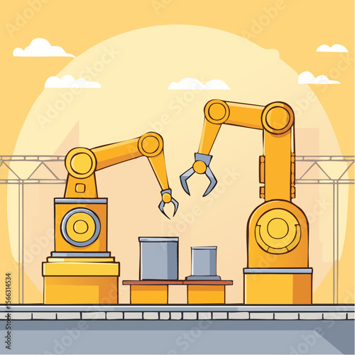 Line-art style vector of a robotic arm assembling parts on a production line, minimal industrial technology theme