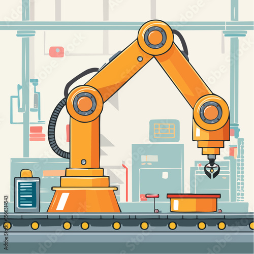 Line-art style vector of a robotic arm assembling parts on a production line, minimal industrial technology theme
