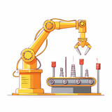 Line-art style vector of a robotic arm assembling parts on a production line, minimal industrial technology theme