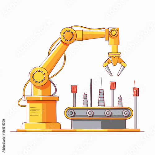 Line-art style vector of a robotic arm assembling parts on a production line, minimal industrial technology theme