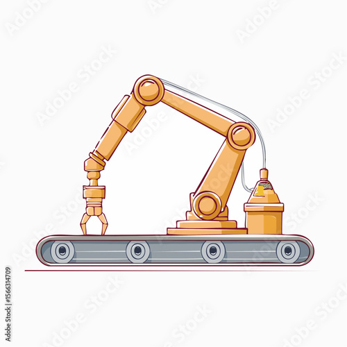 Line-art style vector of a robotic arm assembling parts on a production line, minimal industrial technology theme