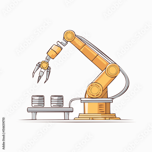 Line-art style vector of a robotic arm assembling parts on a production line, minimal industrial technology theme