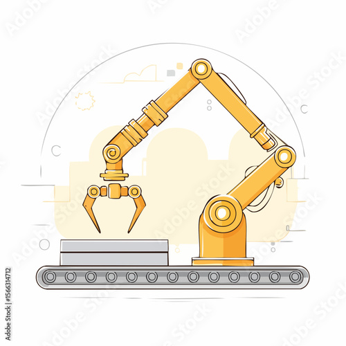 Line-art style vector of a robotic arm assembling parts on a production line, minimal industrial technology theme
