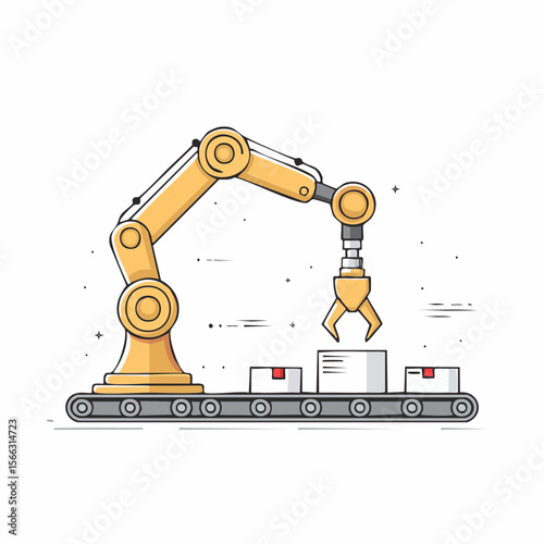 Line-art style vector of a robotic arm assembling parts on a production line, minimal industrial technology theme