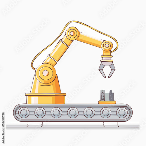 Line-art style vector of a robotic arm assembling parts on a production line, minimal industrial technology theme
