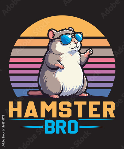 A Cool Cartoon Hamster with Sunglasses in a Retro 80s Sunset T-Shirt Design