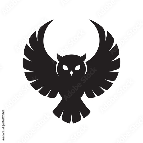 Stylized black owl with wings spread wide open against a plain white background in a simple design