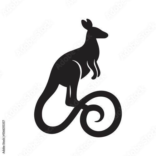 Silhouette of a kangaroo standing with a curled tail design on a white background image