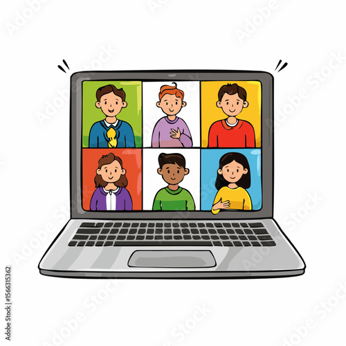 a group of diverse people discussing an idea on a laptop monitor via video link