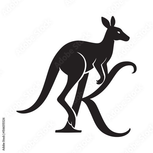 A black silhouette of a kangaroo standing on the letter k with a white background and simple design