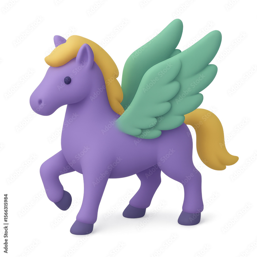 Fototapeta premium Cartoon Pegasus Purple Body Green Wings Yellow Mane and Tail Cute Style.