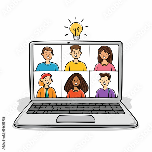 a group of diverse people discussing an idea on a laptop monitor via video link