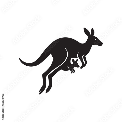 Black silhouette of a kangaroo jumping with a joey in its pouch on a white background graphic art