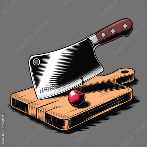 Vintage Cleaver and Cherry on Wooden Cutting Board
