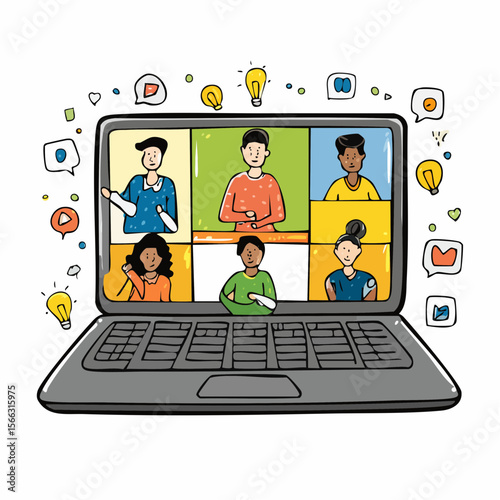 a group of diverse people discussing an idea on a laptop monitor via video link