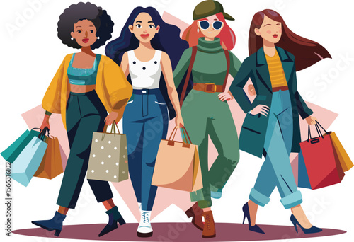 Silhouette of a group of fashion women shopping with bags
