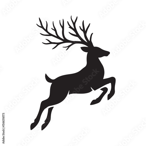 A silhouette of a reindeer leaping with large antlers on a white background in a simple design