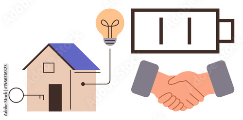 House with solar panel and bulb symbolizing energy saving, handshake for collaboration, battery for storage. Ideal for renewable energy, sustainability, innovation, partnership, green technology