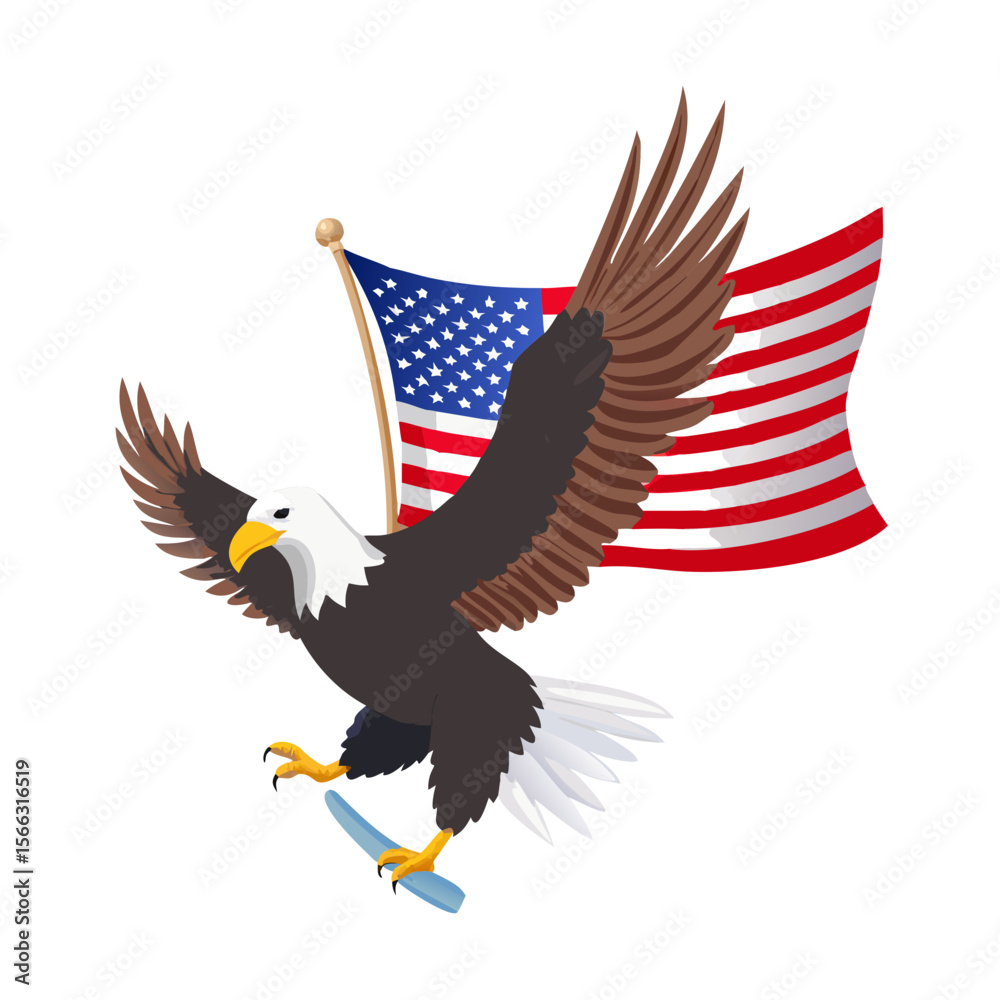 Obraz premium Bald Eagle Flying with American Flag. Patriotic Symbol of Freedom and the USA.