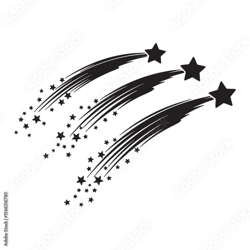 Three shooting stars design element, isolated on white background, black silhouette, vector illustration