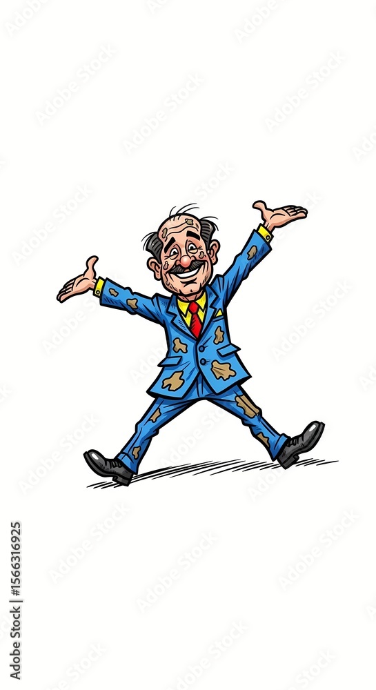 Fototapeta premium a drawing of a greasy car salesman doing a crazy pose against a solid white background. exaggerated low brow style art. character, caricature, suit, tie, wild, ripoff artist, scammer, shady, portrait 
