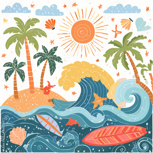 summer poster or card set in art doodle style with hand drawn surfer on the wave