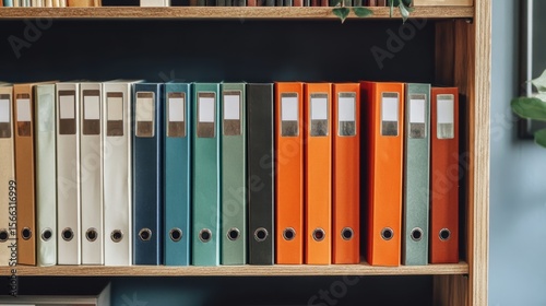 A neatly organized wooden shelf holding multiple colorful binders, ranging from white, blue, green to orange, with a small plant visible on the right side.