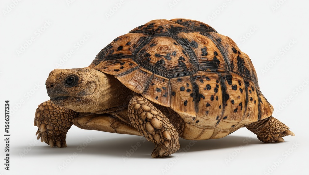 Fototapeta premium Highly detailed close-up of a large adult tortoise with a textured patterned , rugged skin, and sturdy legs on a white background