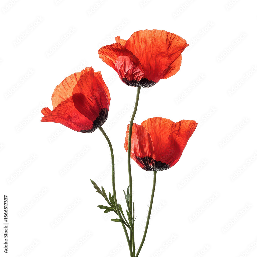Obraz premium Vibrant red poppy flowers isolated against a Transparent background showcasing their delicate beauty and structure, Poppy flowers isolated on PNG background