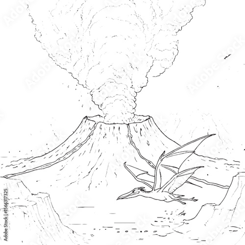 Prehistoric Volcano Eruption with Flying Pterodactyl – Line Art Illustration