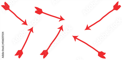 Set of 6 red hand-drawn arrows in various diagonal directions with flat arrowheads and transparent background – minimal directional sketch elements for flowcharts, diagrams, or UI navigation.

